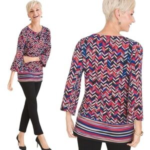 Chicos Chevron-Print Striped-Border Top Size 1 US M